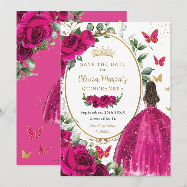 Reserve A Data Fuchsia Quente Rosa, Princesa Floral, Vestida Quin (Frente/Verso)