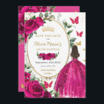 Reserve A Data Fuchsia Quente Rosa, Princesa Floral, Vestida Quin<br><div class="desc">Personalize este bonito aniversário floral cor-de-rosa quente Quinceañera / 16 anos doce de fúcsia, salve a data fácil e rapidamente. Basta clicar no botão personalizar para editar os textos, alterar as fontes e as cores das fontes. Apresentando uma garota vestida com um lindo vestido de bola fuchsia, rosas vibrantes de...</div>