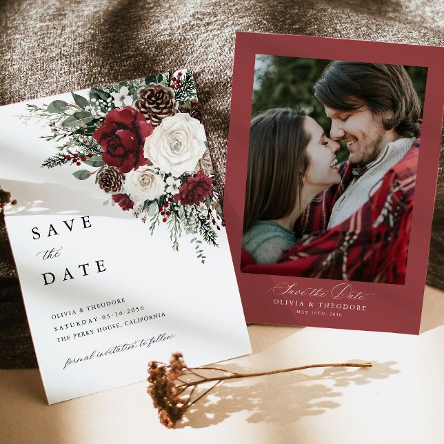 Reserve A Data Fundo de casamento floral de inverno Borgonha (Burgundy winter floral photo save the date card, rustic elegant watercolor wedding announcement)