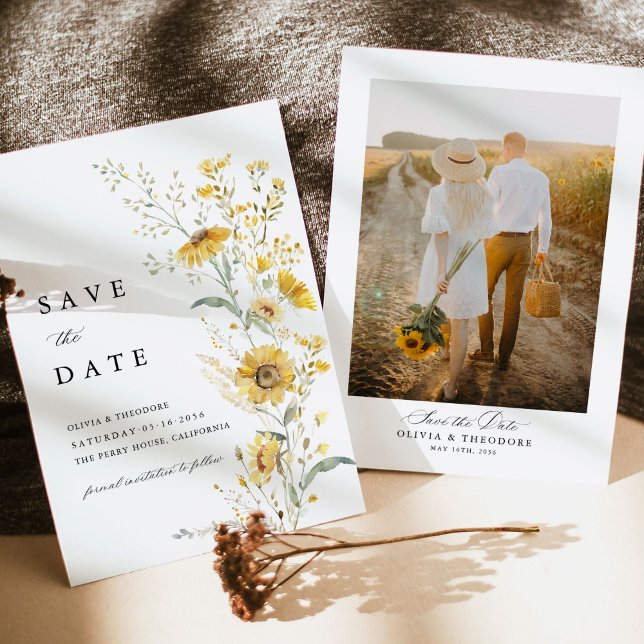 Reserve A Data Fundo de Foto de Casamento com Girassóis Amarelos  (Yellow sunflower wildflower photo save the date card elegant rustic garden wedding stationery)