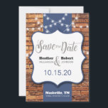 Reserve A Data Fundo de Tijolo Rústico com Acentos Azuis Save the<br><div class="desc">Este design rústico é perfeito para o clima da sua festa de casamento! 
Por favor,  sinta-se à vontade para entrar em contato comigo com quaisquer perguntas ou se desejar personalizar ainda mais este pedido. Estou sempre feliz em ajudar!</div>