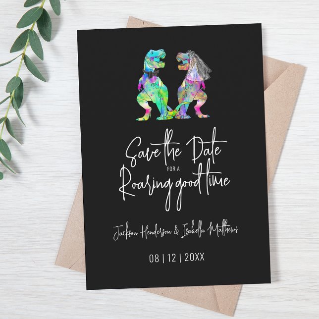 Reserve A Data Funny Dinosaur Wedding Black and White (Funny T-Rex bride and groom dinosaur wedding save the date for a roaring good time quote psychedelic)