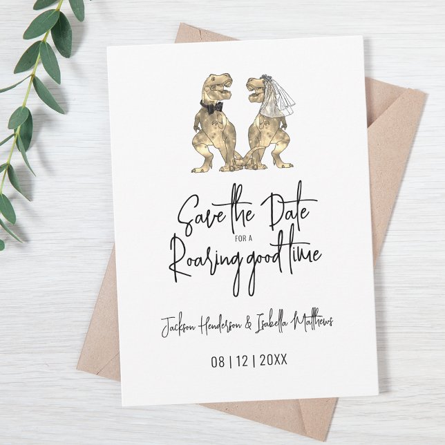 Reserve A Data Funny T-Rex Noiva e Casamento do Dinossauro (Funny T-Rex bride and groom dinosaur wedding save the date invitation with modern script)