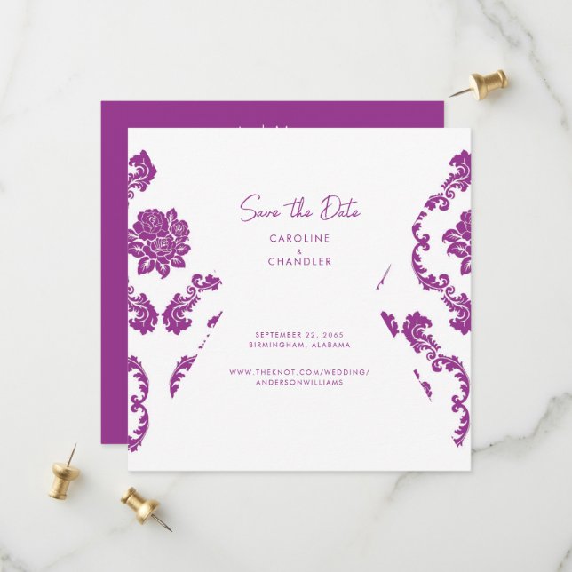 Reserve A Data Fushia Damask Foto Casamento Save The Date (Frente/Verso In Situ)