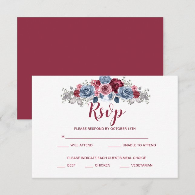 Reserve A Data Gabinete RSVP de Casamento Dusty Blue e Burgundy (Frente/Verso)