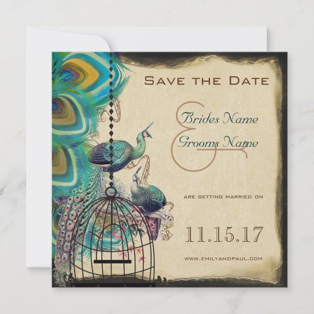 Reserve A Data Gaiola de Pássaros Pavão Musical Save the Date de  (Frente)