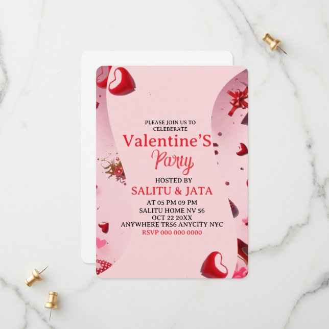 Reserve A Data Galentine’s Party Invitation, Pink Heart & Bow Bir (Frente/Verso In Situ)