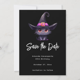 Reserve A Data Gato preto bonito Vestindo chapéu de bruxa