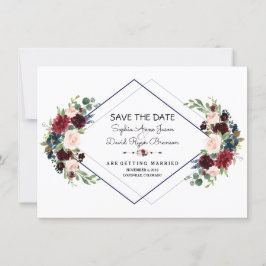 Reserve A Data Geometric Merlot Azul Marinho Floral Save The Date