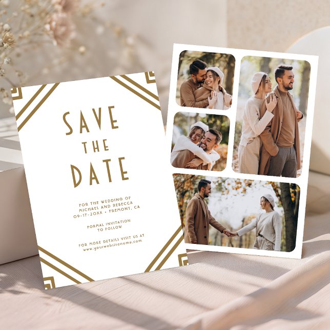 Reserve A Data Geométrico Art Deco Ouro Branco Foto Casamento (Criador carregado)