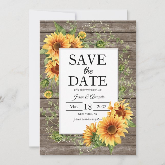 Reserve A Data Girasóis Casamento Personalizado de Madeira Rústic (Frente)