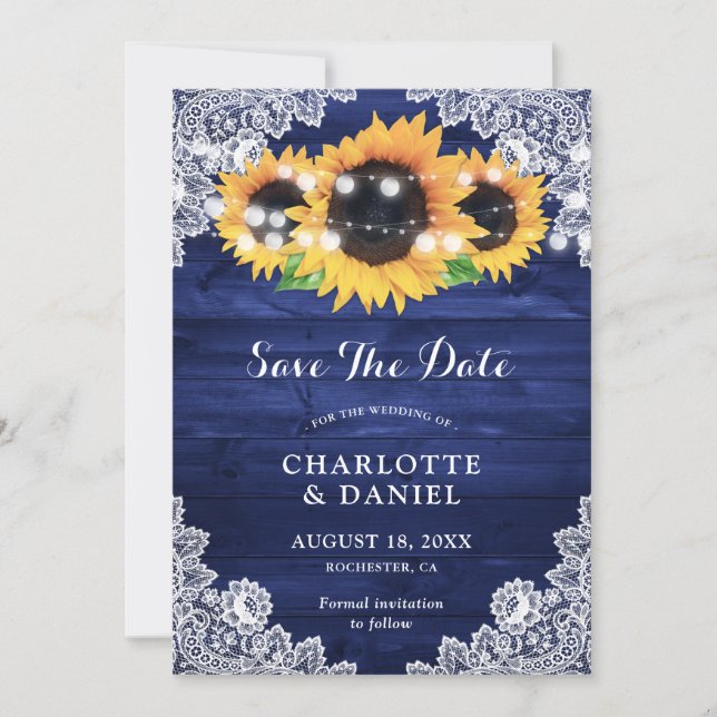 Reserve A Data Girasol Azul Marinho Madeira Floral Renda Casament (Frente)