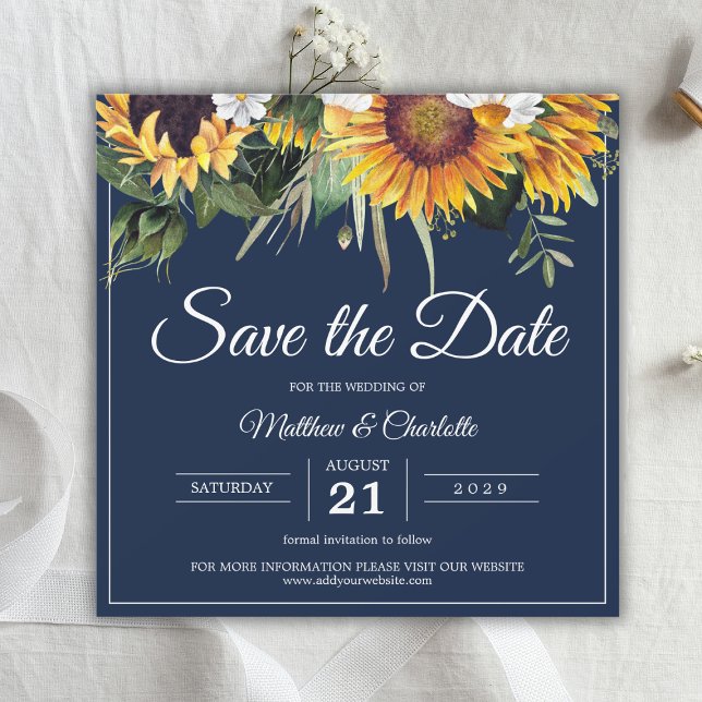 Reserve A Data Girassóis Elegantes Azul Naval Floral Casamento (Elegant Sunflowers Navy Blue Floral Wedding Save The Date
)
