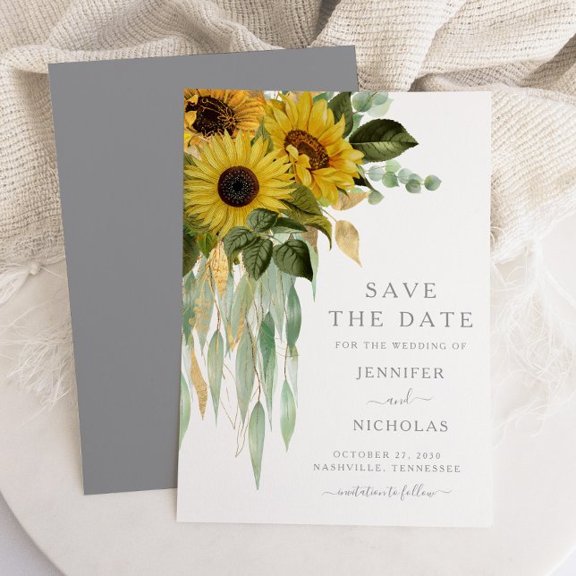 Reserve A Data Girassóis Florais Cinza Rústico (Elegant Greenery Sunflower Wedding Save The Date)