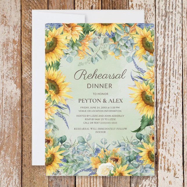 Reserve A Data Girassóis Sage Verde Folhas de Eucalipto Ensaio  (Sunflowers and eucalyptus leaves Rehearsal Dinner invitation)