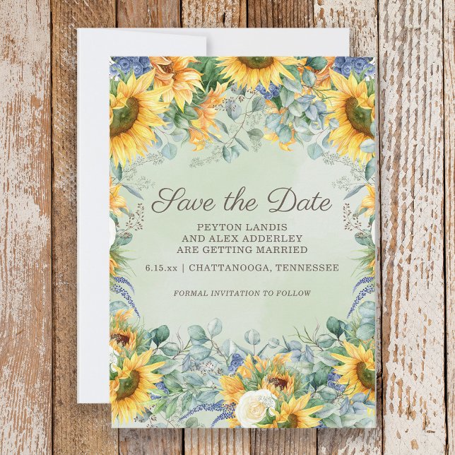 Reserve A Data Girassóis Salvia Verde Folhas de Eucalipto Casamen (Sunflower wedding Save the Date)