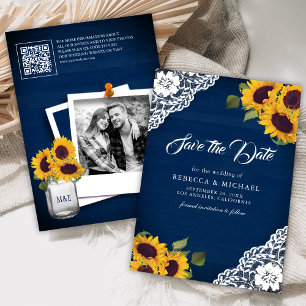 Reserve A Data Girassol Azul Marinho Código QR Foto Casamento