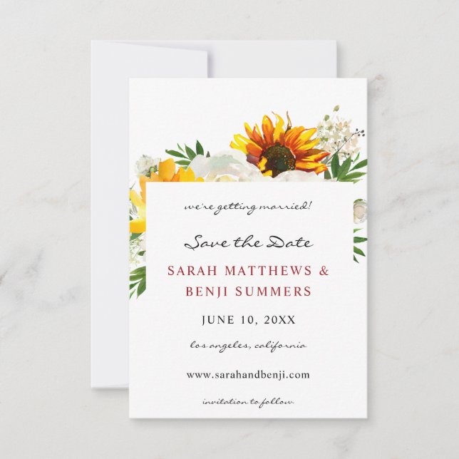 Reserve A Data Girassol & Floral Branco Artístico Save The Date V (Frente)