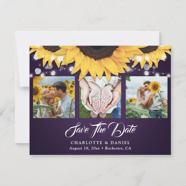 Reserve A Data Girassol Roxo Renda Floral 3 Foto Casamento (Frente)