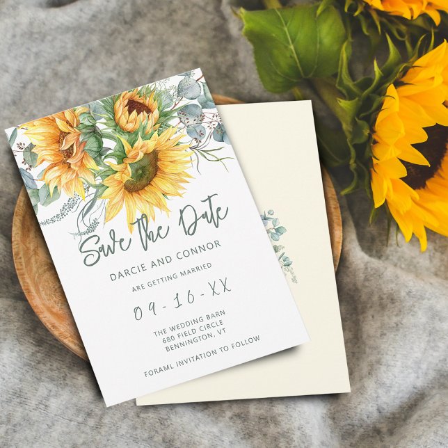 Reserve A Data Girassol Russo Eucalyptus Watercolor (Rustic Sunflower Eucalyptus Watercolor Save The Date)