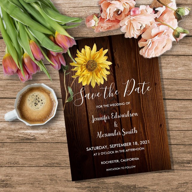 Reserve A Data Girassol rústico em madeira de celeiro em casament (Rustic sunflower on barn wood country wedding save the date card. For your rustic country wedding.)