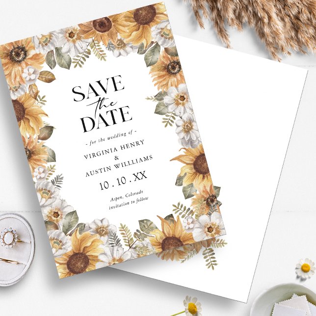 Reserve A Data Girassol Salvar a Data (Boho Watercolor Sunflower Floral Save The Date Announcement by Painted Paperie
)