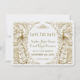 Reserve A Data Glam White Dourado Art Deco Peacocks Salvar Data