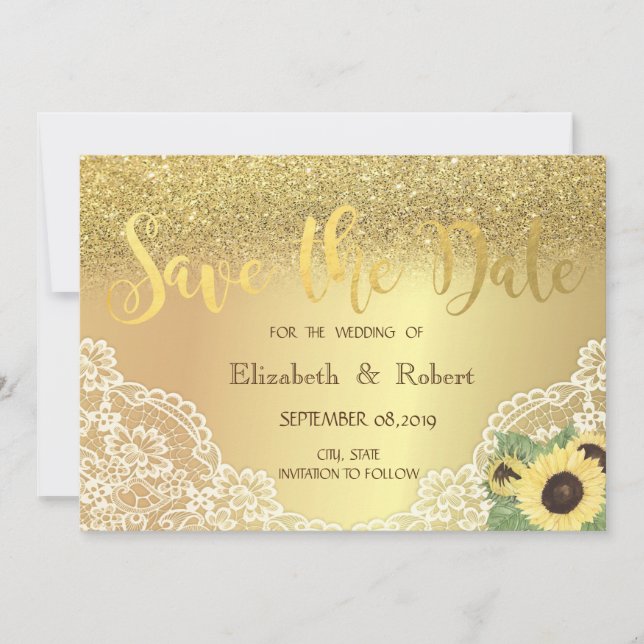 Reserve A Data Glitter de Ouro Bokeh, Renda, Girassol Save The Da (Frente)