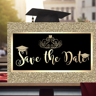 Reserve A Data Glitter Dourado, Coroa de Graduação Save The Date