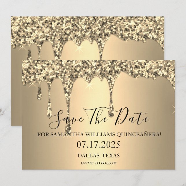 Reserve A Data Glitter Glitter Dourado Quinceanera (Frente/Verso)