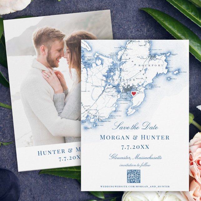 Reserve A Data Gloucester Cape Ann Salve a Data Código QR legante (These Gloucester, MA map save the dates feature a QR code, and are perfect for destination weddings)