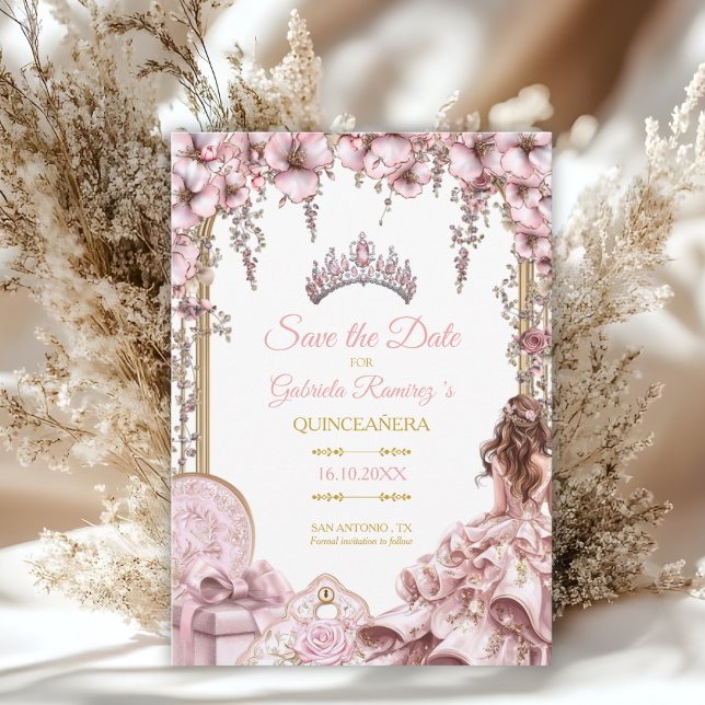 Reserve A Data Gold and Blush Pink Tiara Floral Quinceañera (Criador carregado)