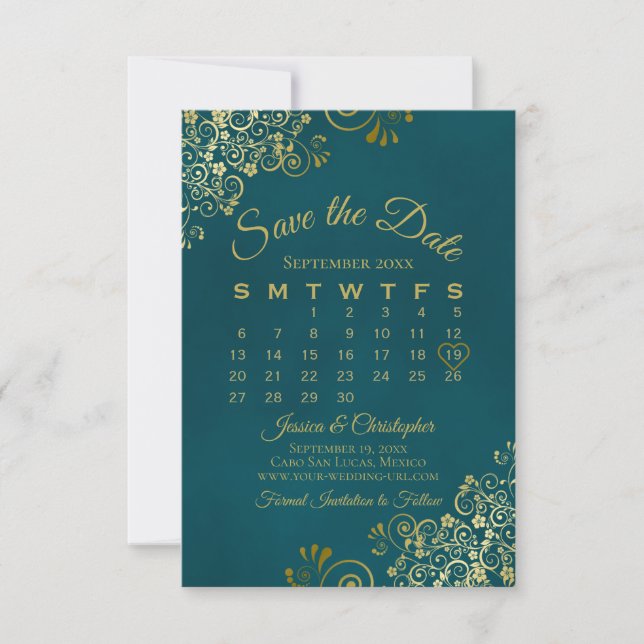 Reserve A Data Gold Curls & Swirls Elegant Teal Wedding Calendar (Frente)