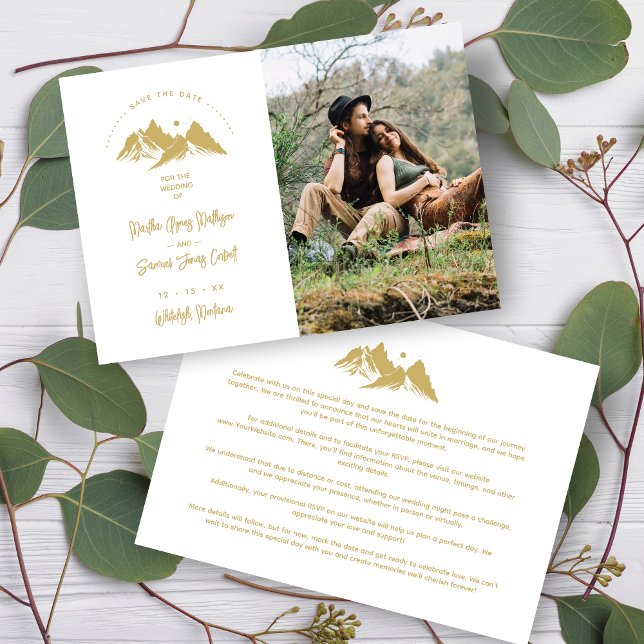 Reserve A Data  Gold Effect Boho Rustic Mountains Photo Wedding  (Faux Gold Effect Boho Rustic Mountains Photo Wedding Save the Date with Envelope.)