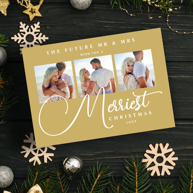 Reserve A Data Gold Exquisite Modern Wedding Christmas 3 Photos (Exquisite Modern Wedding Christmas 3 Photos in Fake Gold Holiday Card as a Save the Date Card.)