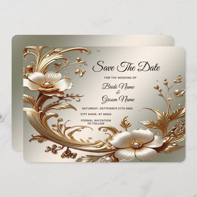 Reserve A Data Gold Floral Save The Date (Frente/Verso)