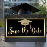Reserve A Data Gold Glitter Confetti Graduation Save The Date<br><div class="desc">Elegant gold glitter graduated cap,  and confetti on a black background.</div>