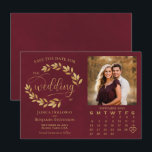 Reserve A Data Gold Leaves on Burgundy Photo & Calendar Wedding<br><div class="desc">This beautiful wedding Save the Date card features a burgundy and gold colored design with modern script lettering and a sprigs of hand painted watercolor leaves, vines, or foliage. There is space for your photo, the couple's name & wedding location, and a custom calendar where you can put a heart...</div>