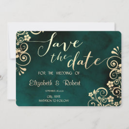 Reserve A Data Gold Swirls Emerald Green Wedding Save The Date