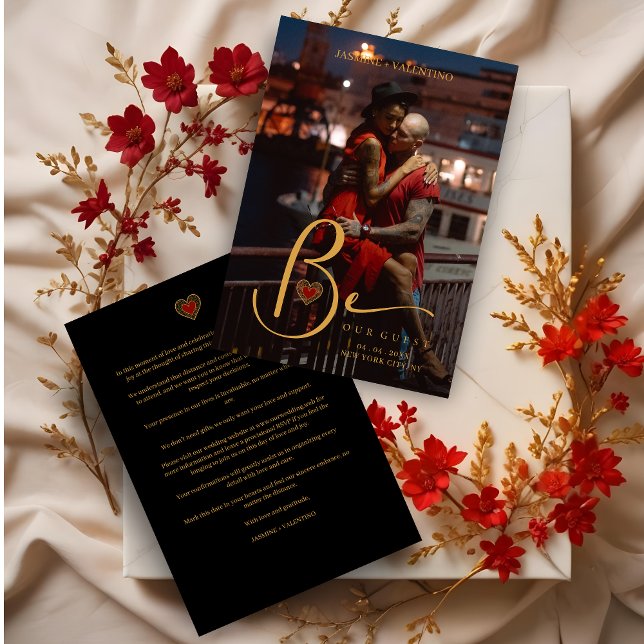 Reserve A Data Golden Charm Heart in Red Custom Photo Wedding (Celebrate your special day with our charming Golden Charm Heart in Red custom photo wedding Cards.)