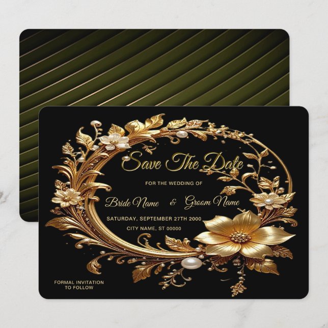 Reserve A Data Golden Floral Ornate Frame Save The Date (Frente/Verso)