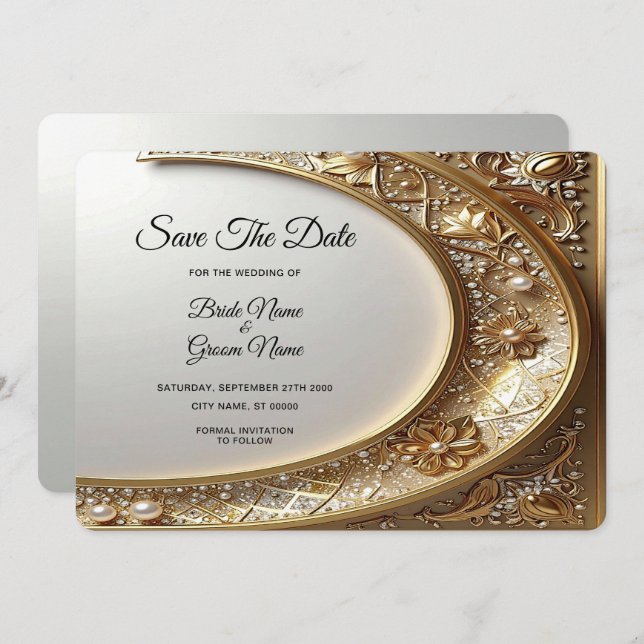 Reserve A Data Golden Ornate Frame Save The Date (Frente/Verso)
