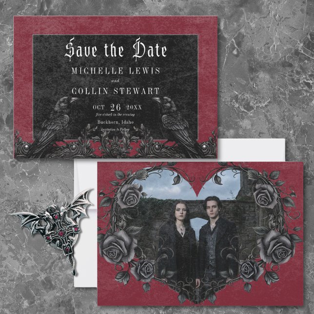 Reserve A Data Gothic Black Raven & Roses Burgundy Photo Wedding (Gothic Black Raven & Roses Burgundy Wedding Photo Save The Date)