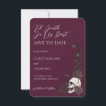 Reserve A Data Gothic Burgundy Skull Til Death Save the Date<br><div class="desc">This elegant Gothic Burgundy Skull Til Death Save the Date features dramatic dark floral corner designs with hand-drawn skull and rose details in deep burgundy and antique mauve tones, against a rich burgundy background, creating a refined dark romance aesthetic. At the top, the editable “’Til Death Do Us Part” title...</div>