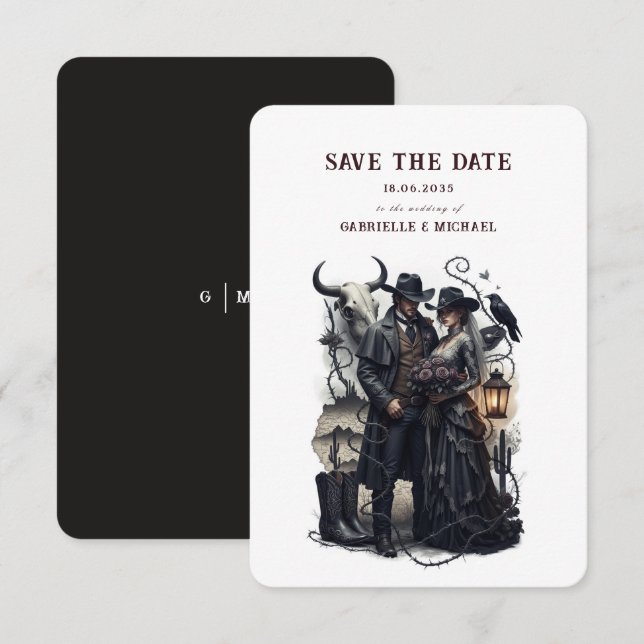 Reserve A Data Gothic Couple Dark Western Save The Date (Frente/Verso)