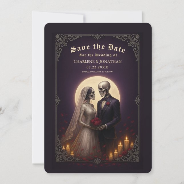 Reserve A Data Gothic Skeleton Couple Wedding Save the Date (Frente)