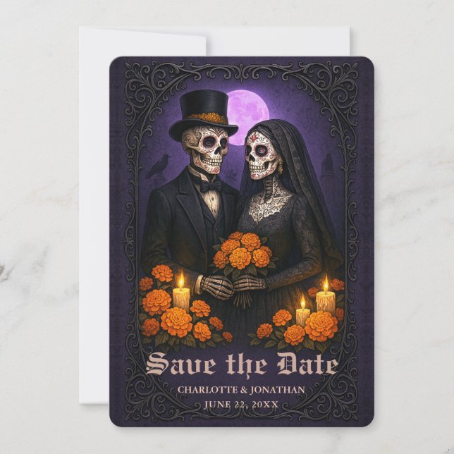 Reserve A Data Gothic Skull Candy Couple Wedding Save the Date (Frente)