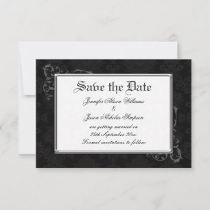 Reserve A Data Gótico Save the Date em Damask Preto & Branco