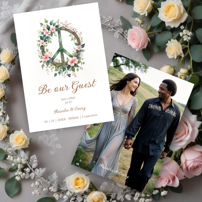 Reserve A Data Graceful Floral Wood Peace Symbol Photo Wedding (Graceful and Cherish Floral Wood Peace Symbol Photo Wedding Save the Date Card.)