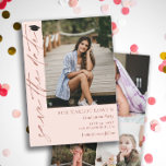 Reserve A Data Graduação de Caligrafia Rosa-Blush e Brass<br><div class="desc">A graduação em rosa com pincel de dois lados salve a placa de data com uma foto do formando e salve a data escrita em um script de assinatura colorido de latão com um pequeno boné de formatura preto no topo. Adicione mais três fotos ao fundo em uma simples colagem....</div>